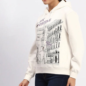 Sweat à capuche crème pour femme avec imprimé urbain et motif lettres 'Think Positive', style décontracté pour l'automne, 100% coton tricoté, manches longues - Product Image 5