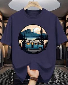 Short-Sleeved Camping Scenery Print Featuring a Blue RV Among Mountains, Forests, And Lakes, with Peaks, Trees, And The Sun And - Product Image 1
