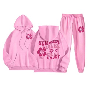 Ensemble sweat à capuche et pantalon de survêtement rose pour femme avec imprimé floral motif vagues estivales, coupe décontractée ample, manches longues, fermeture à cordon - Product Image 1