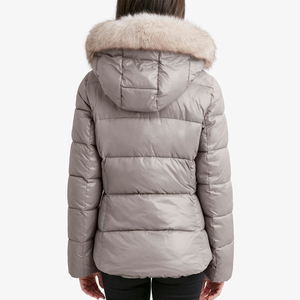 Women's Taupe Quilted Puffer Jacket With Fur Trim Hood Full Sleeve Winter Warm <b>Coat</b> <b>Zipper</b> Closure Regular Length - Product Image 2