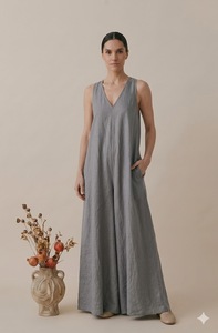 Vestido Casual Holgado sin Mangas con Cuello en V, 100% Algodón, Estampado Floral, Color Gris, para Mujer, Transpirable, Minimalista, para Uso Diario, Todas las Temporadas - Product Image 4