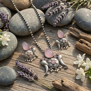 DIVYORO Ensemble collier et boucles d'oreilles en argent oxydé à motif floral, style bohème chic, longueur réglable - Product Image 2