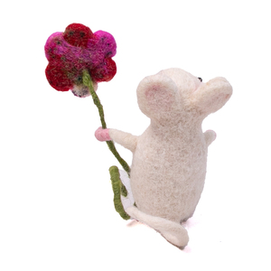 Handmade Needle Felted White Mouse with Flower - Handcrafted Wool <b>Felt</b> <b>Animal</b> Figurine for Home Decor, Nursery, and Personalized - Product Image 3