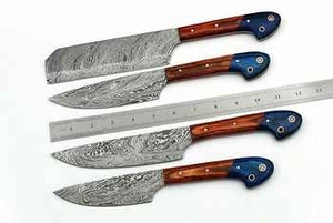 Ensemble de couteaux de chef écologiques ambidextres, lames en acier Damas, manches en bois de rose bleu et brun - Product Image 3