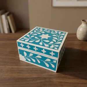 Square Blue White Floral Jewelry Box Oriental Carved Cardboard Storage Case Decorative Home Decor Bedroom Use - Product Image 6