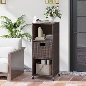Mix Brown PE Rattan Outdoor <b>Storage</b> <b>Cabinet</b> with 3 Removable Drawers and <b>Lockable</b> Wheels - Product Image 6