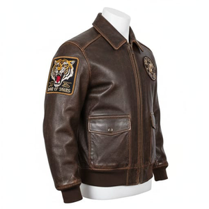 Blouson aviateur vintage en cuir véritable marron avec broderie personnalisée, style pilote, motard, rétro A2, devant en cuir et toile, unisexe - Product Image 3