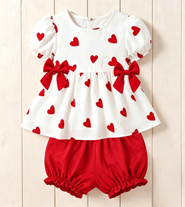 Girls Children's <b>Red</b> Heart Print Cotton Dress with White Puff Sleeves and <b>Bows</b>-Sweet A-Line Style - Product Image 3