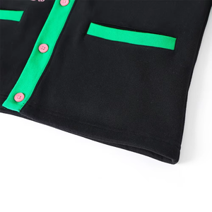 Black Fleece <b>Varsity</b> <b>Cardigan</b> Unisex V Neck Winter Casual with Green & Pink Accents and Embroidered Letters - Product Image 5