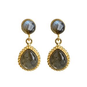 Boucles d'oreilles pendantes vintage plaquées or, style bohème et classique, avec pierre de labradorite naturelle en forme de fleur pour femme, mariage - Product Image 1