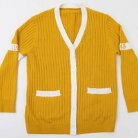 Cardigan tricoté bleu pour femme, style sororité grecque, col en V contrastant jaune, manches longues, broderie hiver, boutons, OEM