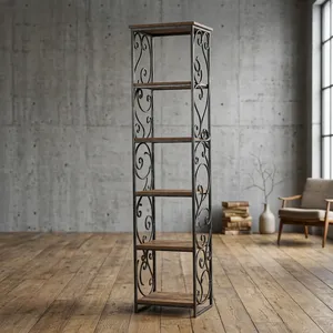 Étagère en treillis métallique Eureka avec étagères en bois et cadre en fer orné, grand présentoir de rangement pour salon, chambre et décoration intérieure - Product Image 3