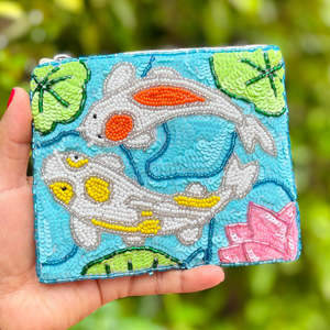Koi Fish Embroidered Beaded Coin Purse Handmade Blue Sequin Clutch Lotus Lily <b>Pad</b> Design Japanese Style Zipper Pouch Unisex - Product Image 3