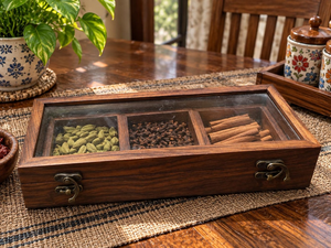 Boîte à épices en bois artisanale à 3 compartiments, organiseur d'épices, récipient de rangement pour la cuisine avec couvercle en verre - Product Image 1