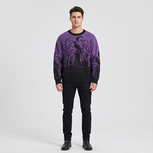 Suéter gótico de punto morado y negro para hombre al por mayor, con gráfico de cuervo, luna y bosque, cuello redondo, estilo oversize, jersey urbano. - Product Image 1
