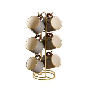Gold Metal Mug Holder Stand with Rectangular Base and Curved Arches Four <b>Hooks</b> Modern <b>Kitchen</b> Organizer Elegant Cup Rack - Product Image 6