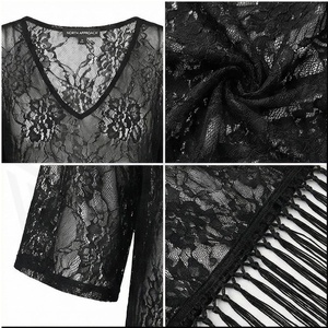 Women Black Lace V-Neck Dress With <b>Fringe</b> Hem Floral Pattern Sheer Overlay Regular Fit 1 Piece Bikinis & Beachwear - Product Image 4