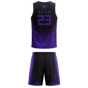 Conjunto de Uniforme de Baloncesto Sublimado Personalizado, Negro y Morado, Cuello en V, Sin Mangas, Malla Transpirable, para Adultos, Todas las Temporadas, Deportivo - Product Image 2