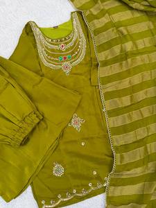 Ensemble Kurta Palazzo Dupatta pour femme, vert, en soie de verre brodée, séchage rapide, coupe ample, longueur au sol, toutes saisons, pour mariage traditionnel - Product Image 3