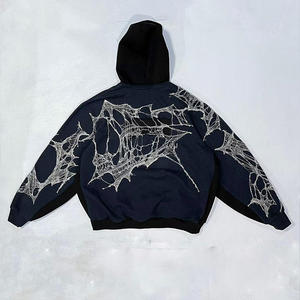 Sudadera con Capucha Gótica para Hombre, Estampado de Telaraña Negra, Talla Grande, Tejido de Algodón, Corte Regular, Estilo Urbano Otoñal - Product Image 1