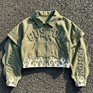 Veste en jean streetwear de luxe pour homme, marron, grande taille, style vintage, ornée de strass, nouveaux modèles personnalisés, de créateur - Product Image 2