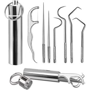Kit Portatile di 7 Pezzi in Acciaio Inox, 2 Set di Stuzzicadenti Riutilizzabili con Supporto per Picnic e Campeggio - Product Image 1
