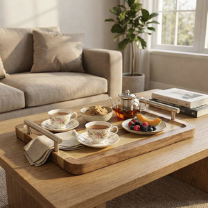 Plateau de service en bois artisanal, bois naturel, plateau de rangement multifonctionnel pour la maison, la cuisine, la table à manger - Product Image 6
