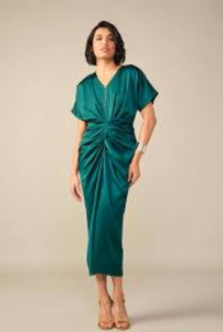 <b>Emerald</b> Green Satin Sheath Gown V Neck Ruched Bodycon Mid-Calf <b>Dress</b> Short Sleeve Breathable Eco-Friendly Formal Party Wear - Product Image 5