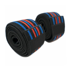 Manchon de genou rayé élastique avec logo personnalisé imprimé, soutien pour homme, vêtement de fitness rouge et noir - Product Image 3