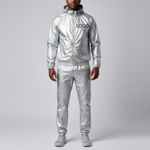 Combinaison de sauna à capuche argentée pour homme, en polyester, avec fermeture éclair, ensemble complet, pour toutes les saisons, vêtements de fitness - Product Image 1