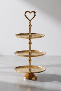 Multi Functional 3 Layer Gold Metal Cake Stand Hammered Serving Tray Heart Handle <b>Afternoon</b> <b>Tea</b> Pastry Display Stand - Product Image 3