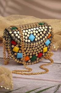 Women's Vintage Gold Metal Shell Clutch <b>Handbag</b> with Bead Dot Pattern Bohemian Style Half Moon Shape Chain Strap Large Capacity - Product Image 6