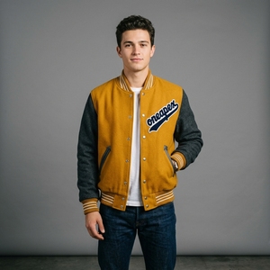 Mens Mustard Wool Letterman <b>Jacket</b> Charcoal Sleeves Custom Logo Rib Knit Collar Cuffs Snap Front Luxury Streetwear Outerwear Top - Product Image 1