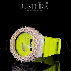 Montre numérique néon jaune hip-hop premium et éclatante avec lunette en argent cloutée de pierres et pierres scintillantes pour un style moderne et audacieux - Product Image 3