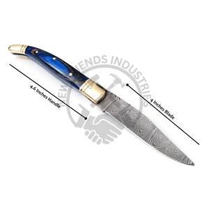 Cuchillo plegable de acero de Damasco de primera marca con funda de cuero de 8.5 pulgadas de largo, cuchillo de bolsillo Laguiole con mango de madera azul negra y pomo de latón. - Product Image 2
