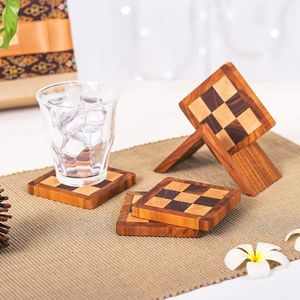 Wooden Coaster Set Rectangle Shape Turtle Carved Design Classic Style for Tableware Use 1 Layer Handles APEX FASHION ART - Product Image 3