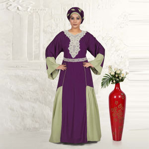 Caftán de Rayón con Diseño Intrincado de Encaje en el Pecho, Paneles en Contraste de Dos Tonos, Mangas Campana Relajadas, Transpirable, Largo hasta el Suelo, Ideal para Eid - Product Image 2