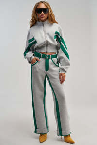 Chaqueta de cuero PU para mujer, color gris verde, con bloques de color, cortavientos, ligera, estilo racer, manga larga, cierre de cremallera, cuello alto. - Product Image 6