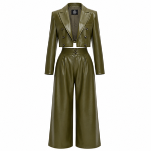 Winter Fashionable Design Custom Logo High Waist Ladies PU Leather 2 1 Blazer Wide Leg <b>Pants</b> Elegant Regular Fit Breathable - Product Image 1