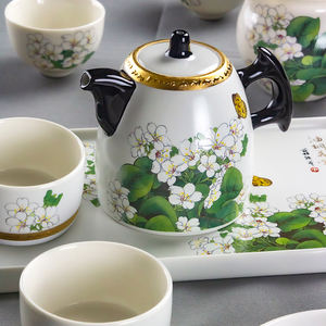 Service à thé en céramique moderne chinois motif Fleur de Tung, avec théière, tasses et plateau de service rectangulaire en porcelaine décorée, idéal pour cadeau d'affaires - Product Image 4