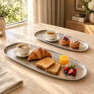 Elegant Silver Aluminium Oval Serving Tray Hammered Textured Design with Raised Rim | Decorative Dining Table Serveware <b>Platter</b> - Product Image 2
