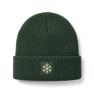Gorro de punto acanalado premium para invierno, verde oscuro, con parche personalizado de copo de nieve, cálido, para hombres y mujeres, para esquí y snowboard al aire libre. - Product Image 1