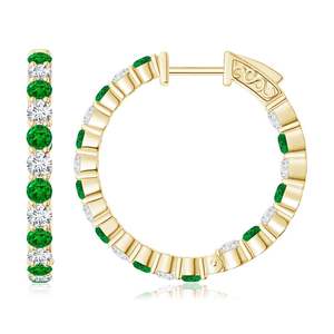 Natural Emerald, Diamond Hoop <b>Earrings</b>, 14K Solid Gold, Inside Out, Round Cut, OEM ODM, Manufacturer, <b>Fine</b> Jewelry - Product Image 1