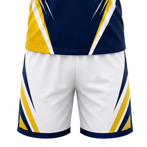 Ensemble de maillot et short de volley-ball bleu marine, blanc et jaune, à manches courtes, sublimé, personnalisé pour l'entraînement des équipes - Product Image 6