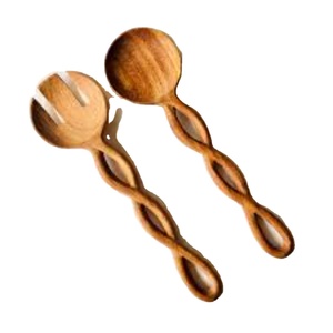 Ensemble de cuillères et fourchettes à salade en bois d'olivier naturel, sculptées à la main, écologiques, avec manche torsadé, pour la cuisine - Product Image 1