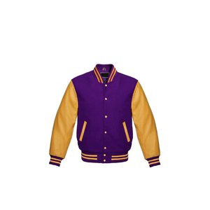 Men's <b>Purple</b> & Gold Waterproof <b>Varsity</b> <b>Jacket</b> with Stand Collar Zipper Closure Polyester/Cotton Sleeves Casual Style Autumn Wear - Product Image 3