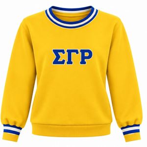 Suéter Amarillo Epsilon Pi para Mujer, Cuello Redondo, Bordado de Letras Griegas en Azul, Cuello y Puños con Rayas Blancas, Suéter de Punto para Hermandad - Product Image 1