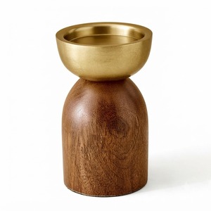 Round Wooden <b>Candle</b> Stand With Brass Bowl Top Home Decorative Lighting Fixture - Product Image 1