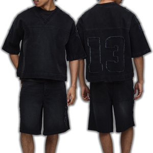 Conjunto de camiseta y pantalones cortos de mezclilla negros extragrandes para hombre, cuello en V, número 13 bordado, ropa urbana de dos piezas, para verano - Product Image 1