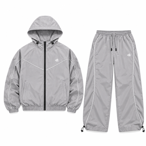 Y2K Retro Custom Men's Two Piece Contrast Piping <b>Jacket</b> Wide Leg Nylon Track Pants Trendy Lightweight <b>Grey</b> Full Zip Oversized - Product Image 2